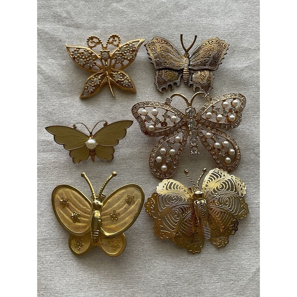 Lot Of 6 Vintage Brooch Pins Butterfly Gold Tone Estate Jewelry - Picture 1 of 12